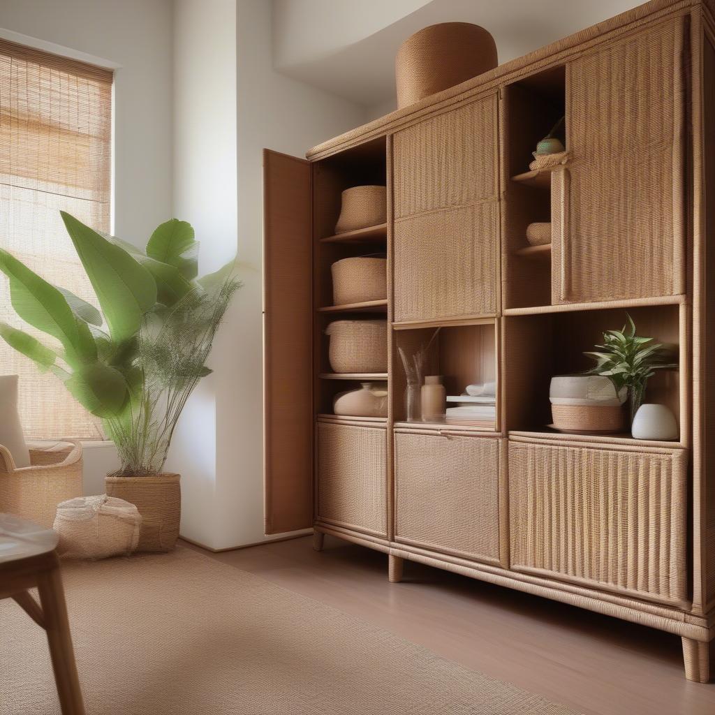 Wicker cabinet in a living room setting, showcasing its natural elegance and storage capabilities.