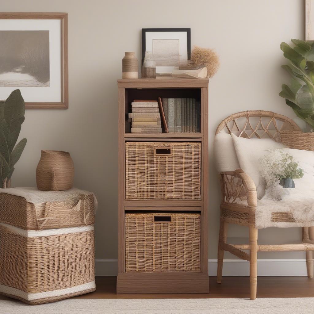 Wicker cabinet seamlessly integrated into a living room setting, used as a stylish storage solution for books and magazines.