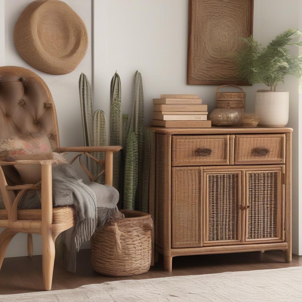 Wicker cabinet providing living room organization