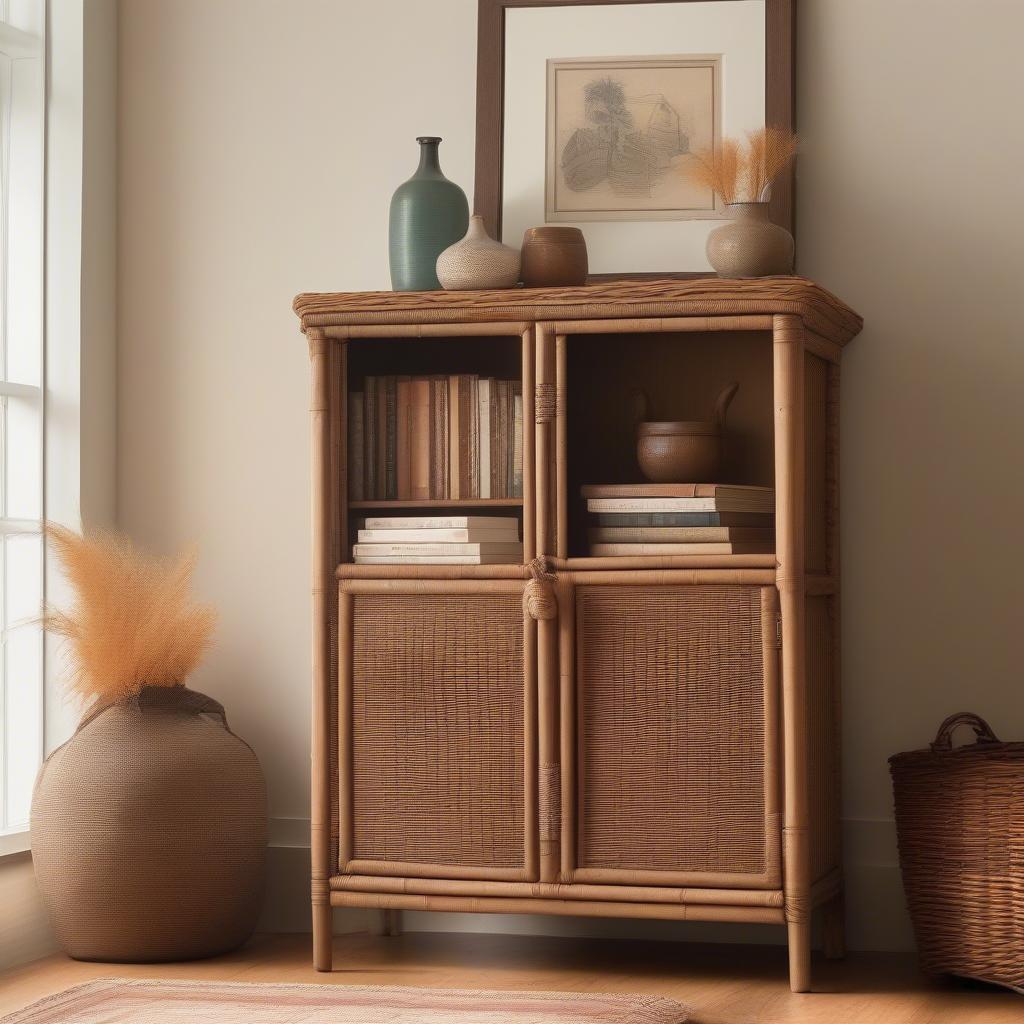 Wicker cabinet providing stylish storage in a living room setting