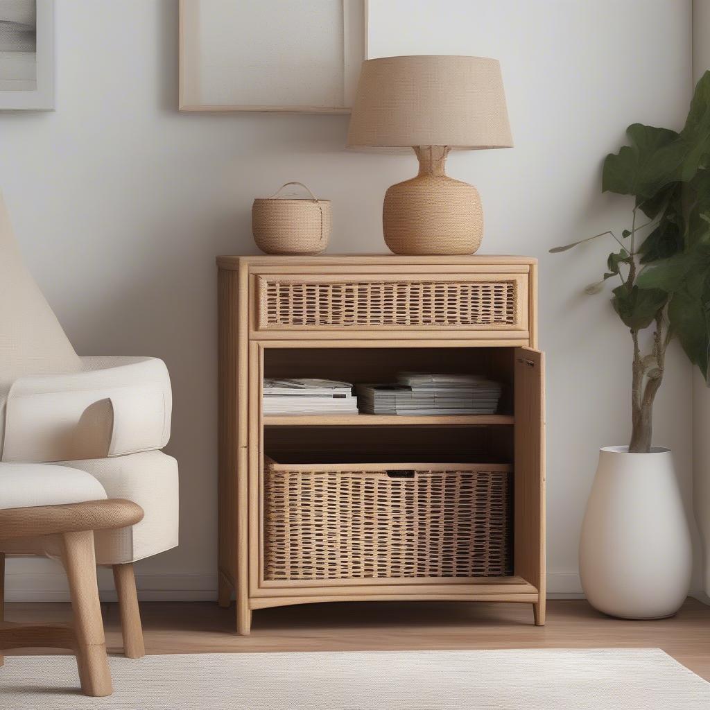 Wicker Cabinet in Living Room Providing Ample Storage