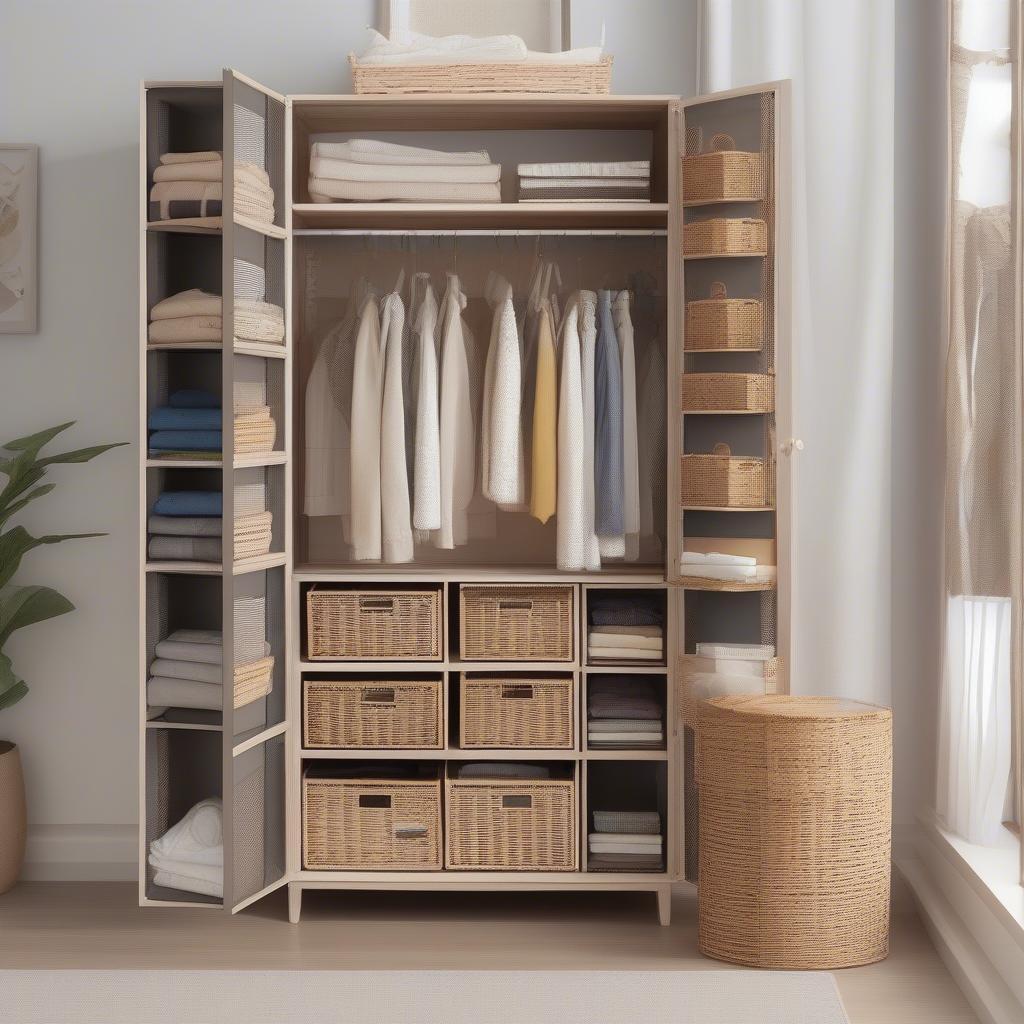 Open wicker cabinet showcasing neatly organized shelves with various items, demonstrating its practicality for storage.