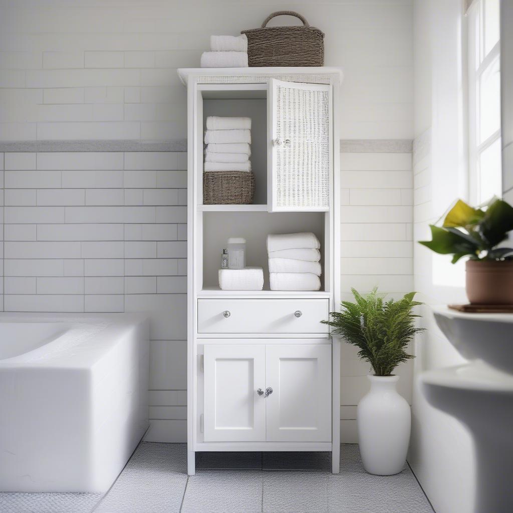 Wicker cabinet over toilet provides stylish bathroom storage