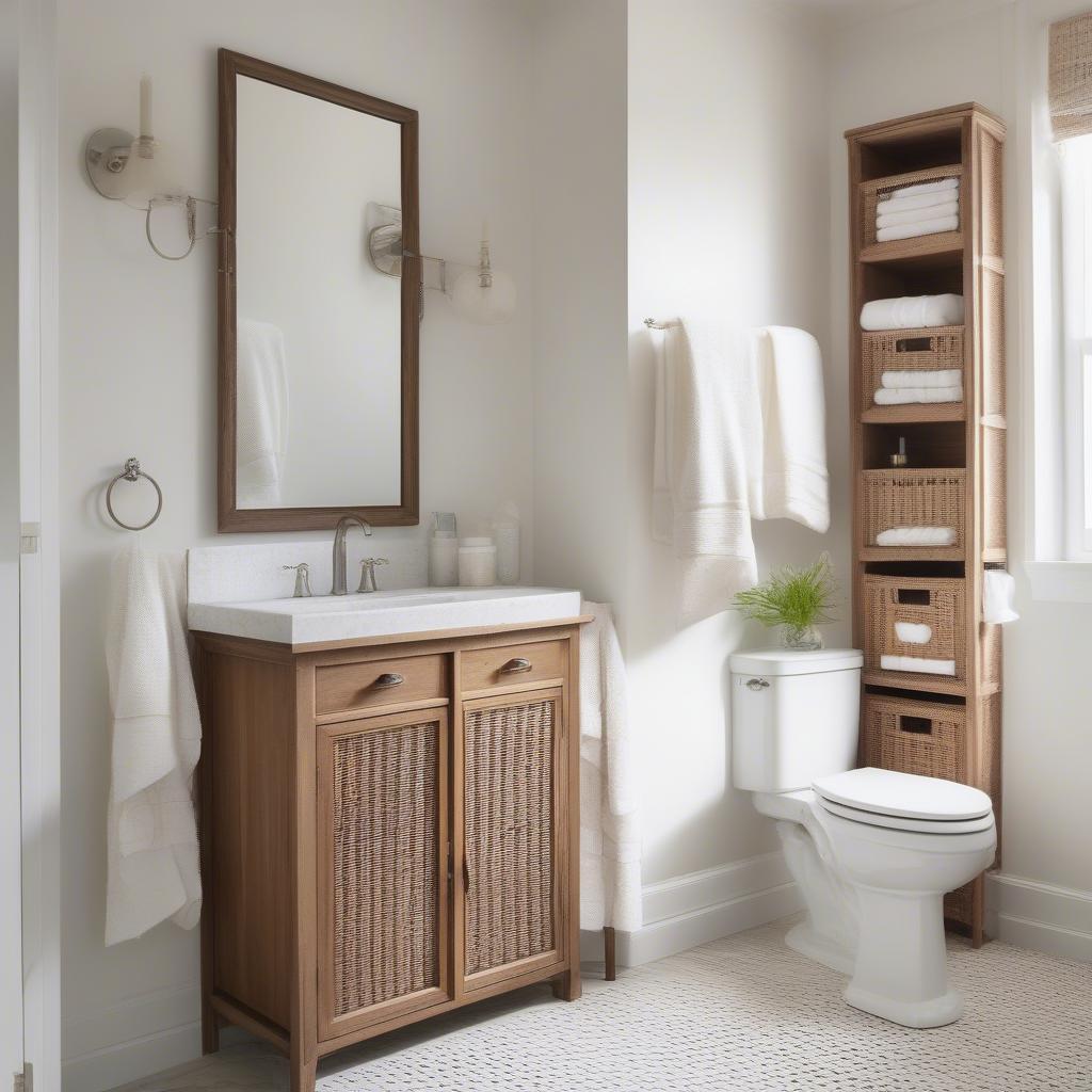 Wicker cabinet over toilet providing extra storage in a stylish bathroom.