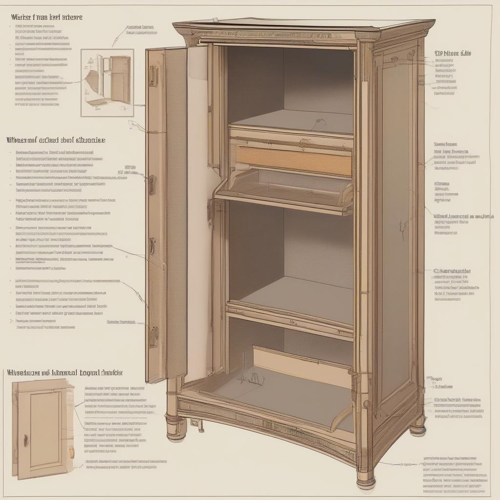 Diagram illustrating the different parts of a wicker cabinet, including the frame, weave, binding, and hardware.