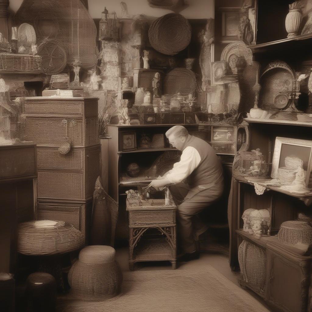 Searching for wicker cabinet parts in an antique shop in St. Joseph, Missouri.