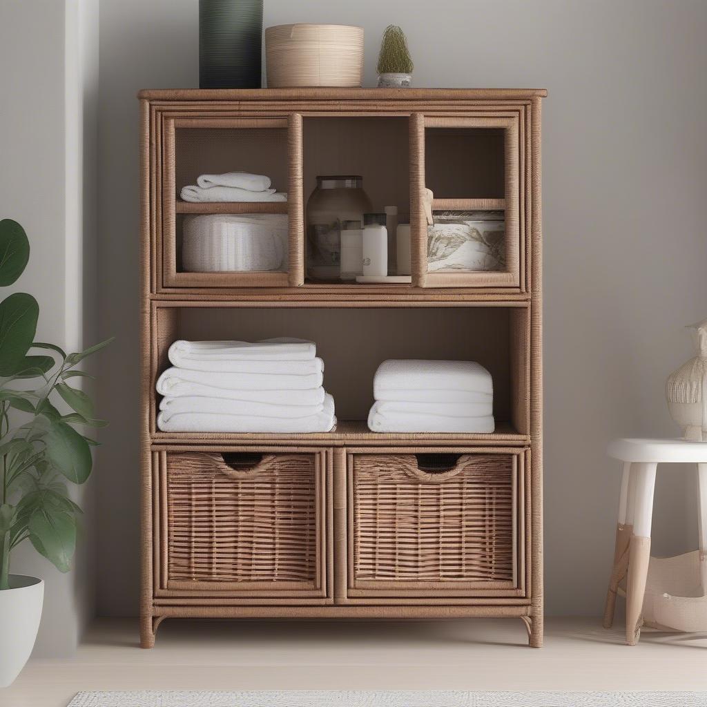 Wicker cabinets used for various storage solutions in different rooms.