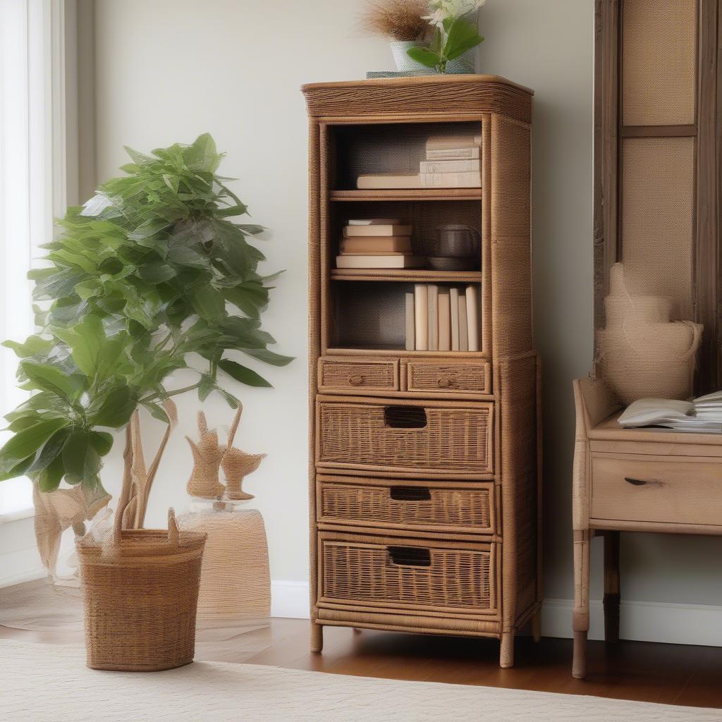 Wicker Cabinet Styled with Plants and Books