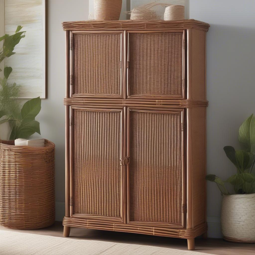 Different styles of wicker cabinets in various room settings