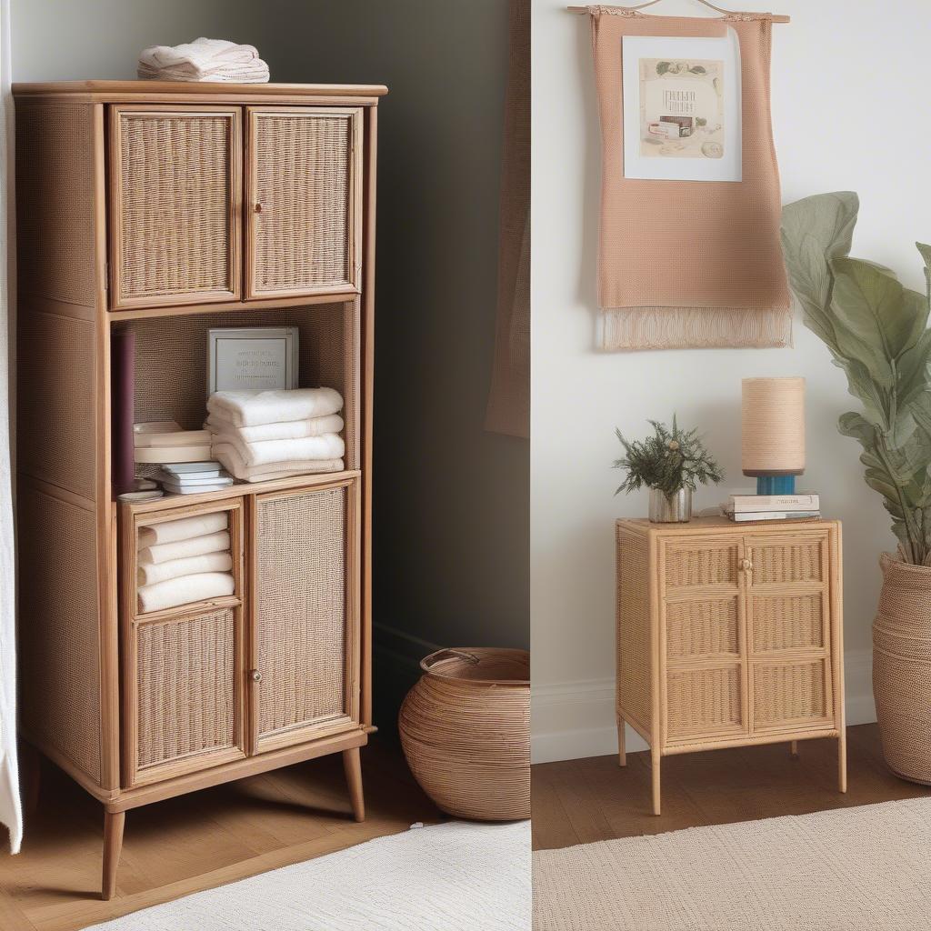 Various styling ideas for a wicker door cabinet, showcasing its versatility in different interior design settings.