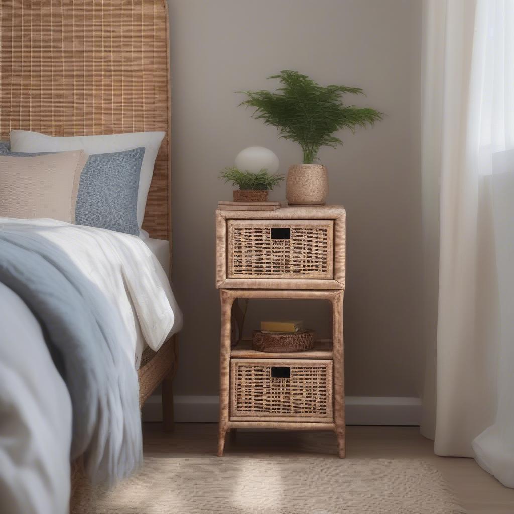 Wicker cabinet with swivel top used as a nightstand in a bedroom setting.