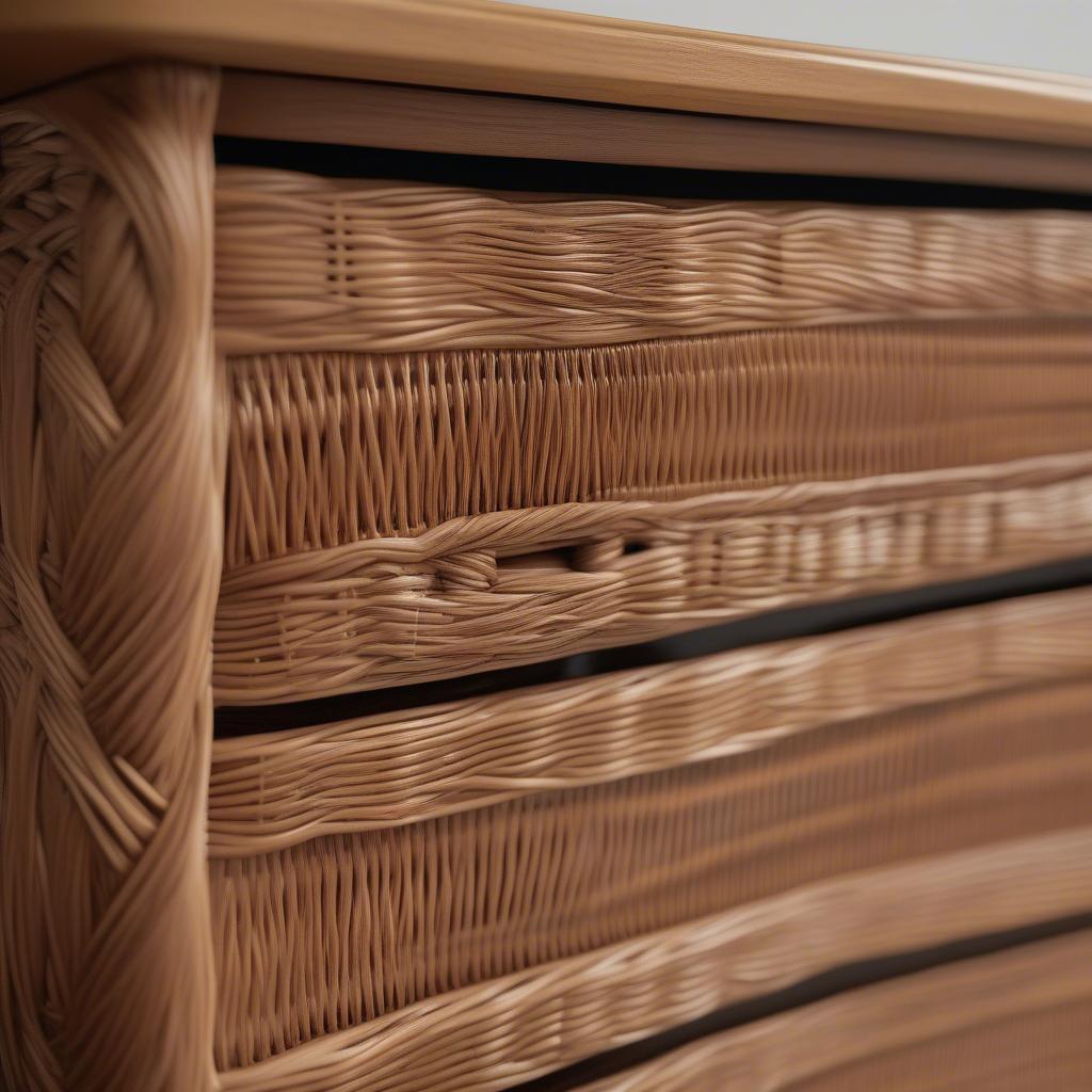 Close-up view of the wicker weave and swivel mechanism of a wicker cabinet.