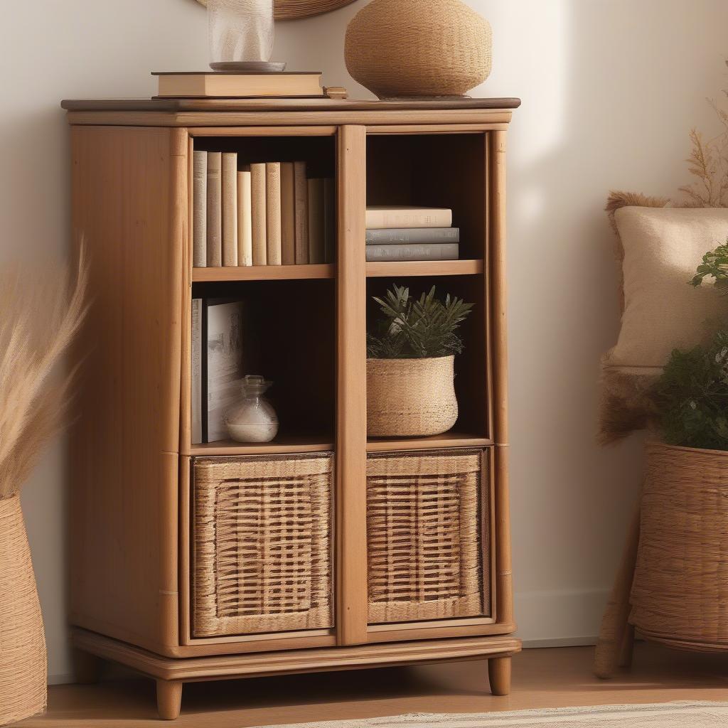 Wicker cabinet with swivel top in a living room setting