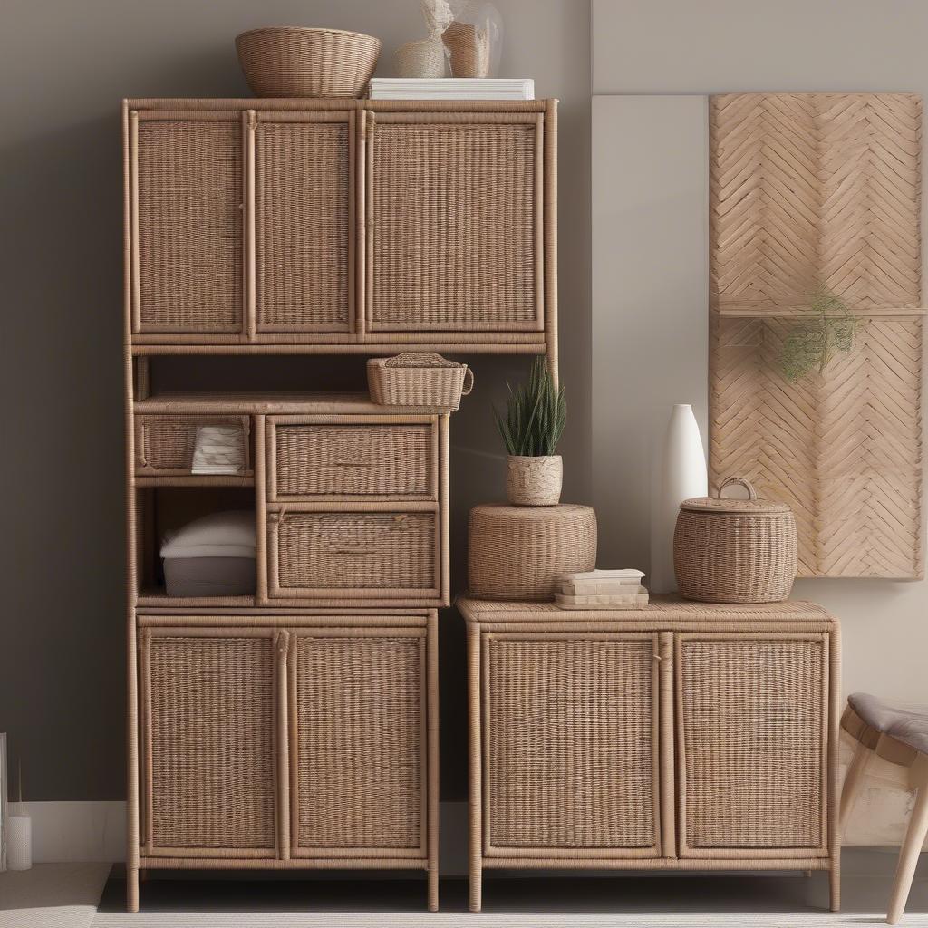 Different sizes of wicker cabinets with drawers displayed in various rooms.