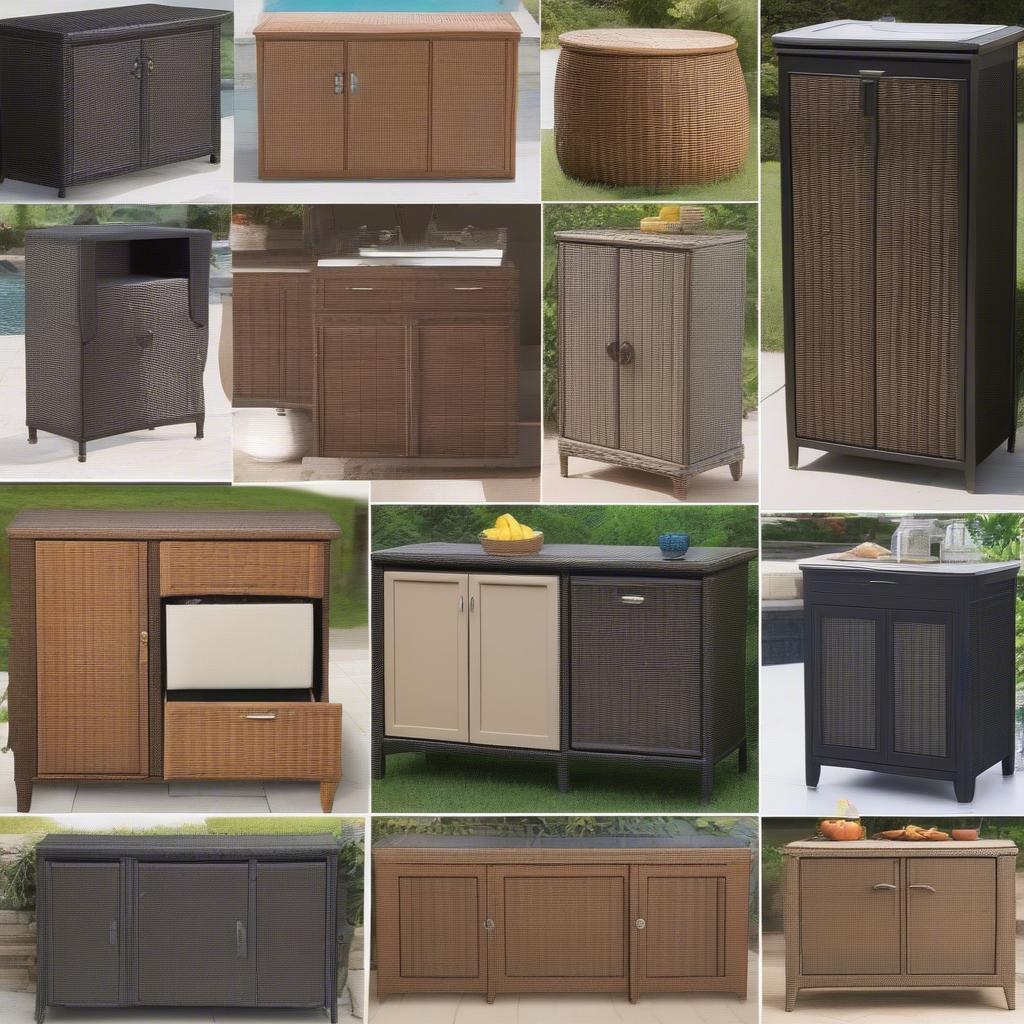 Different styles and sizes of wicker cabinets for outdoor spaces.