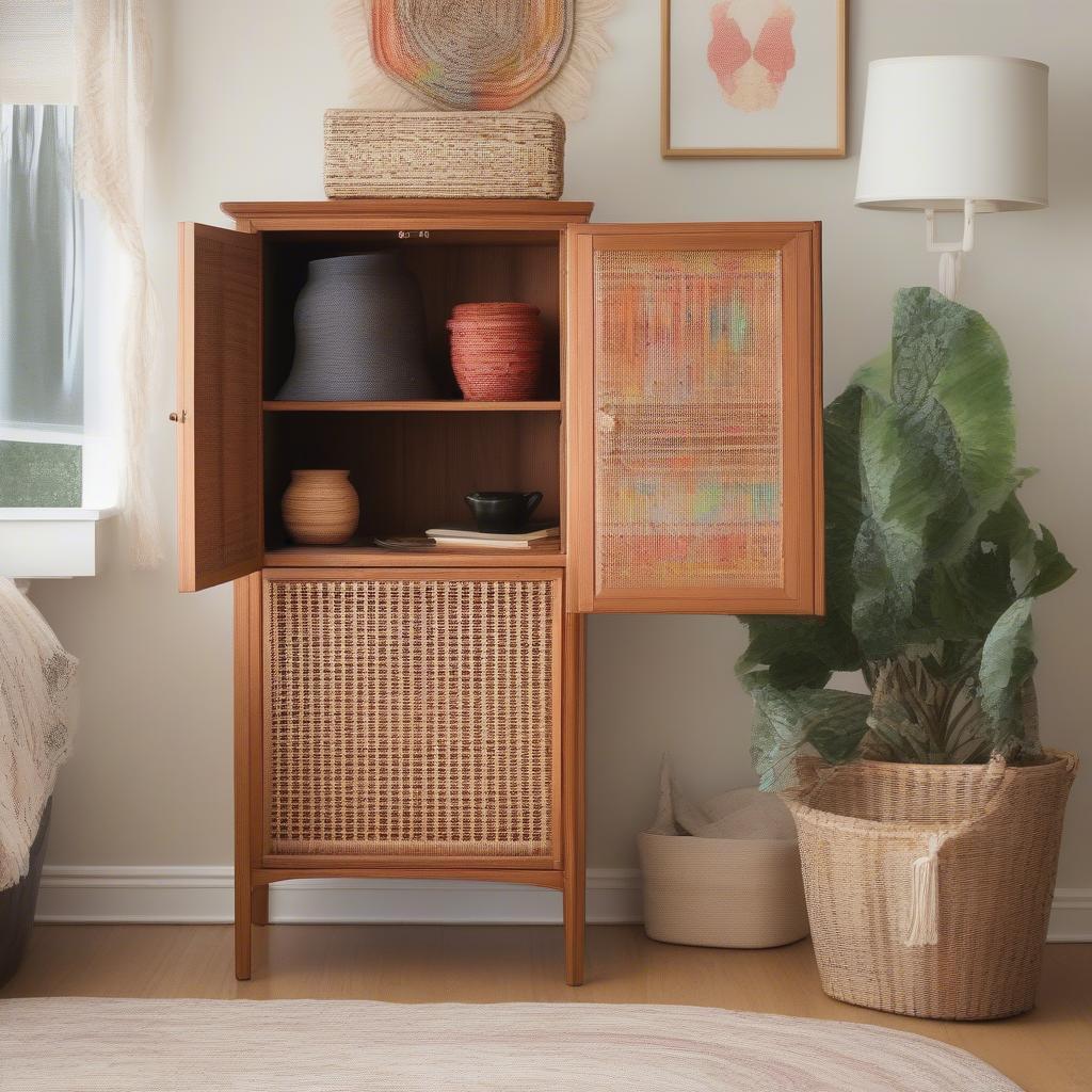 Wicker cabinet styled with colorful textiles and plants