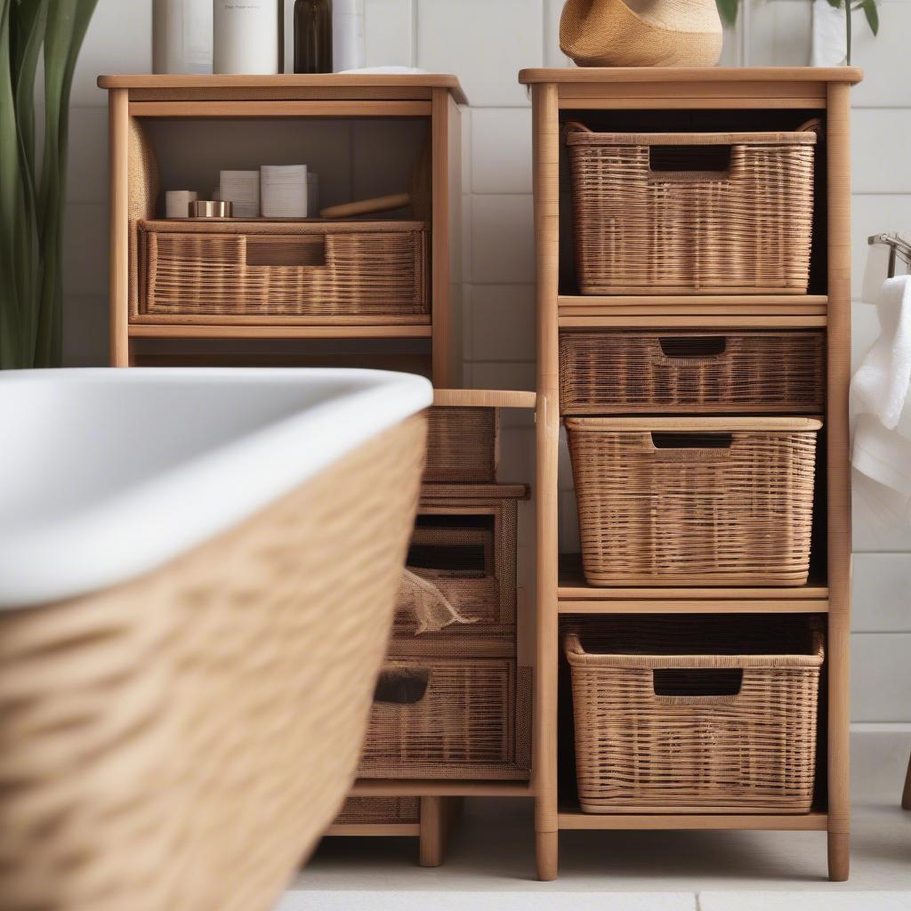 Wicker cabinet with drawers in a bathroom, providing stylish and functional storage.