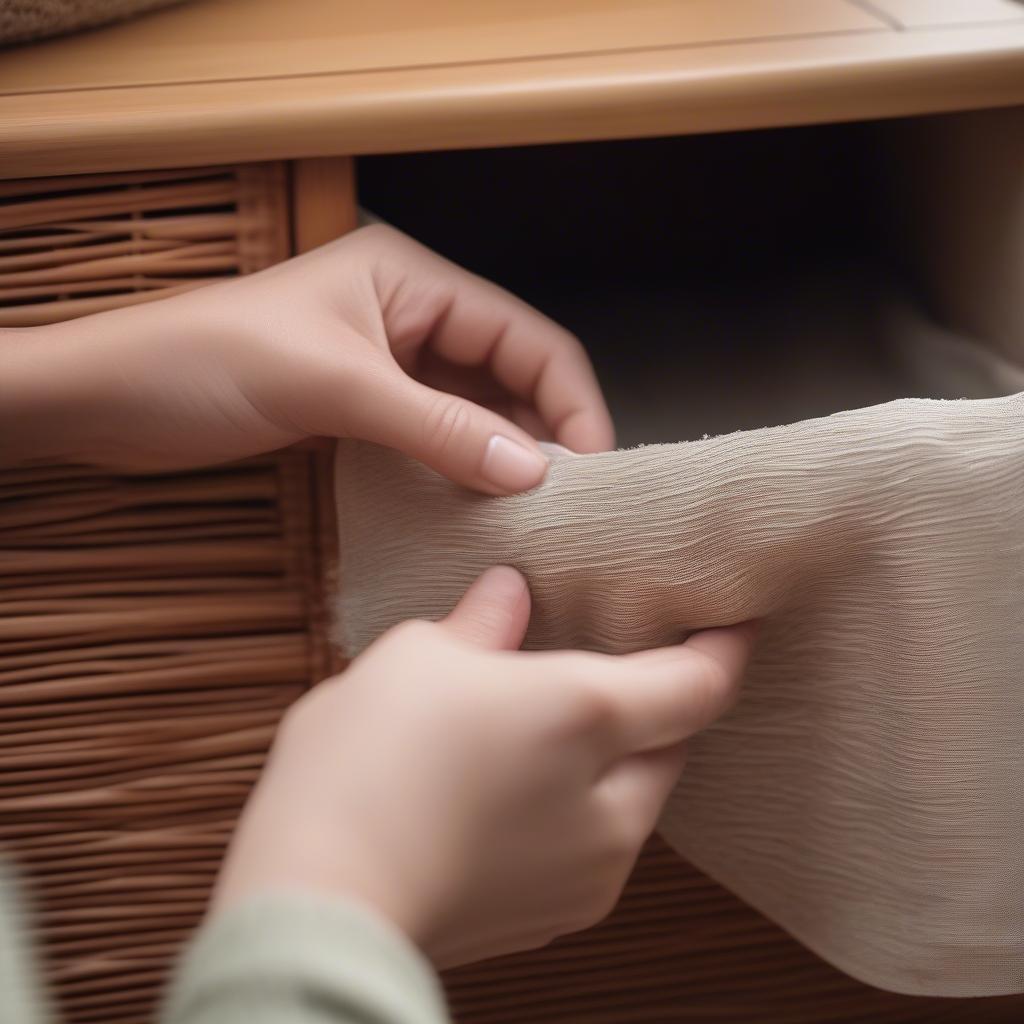 Cleaning a wicker cabinet with a soft cloth