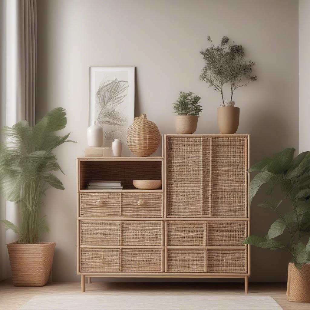 Wicker cabinet with drawers in a modern living room, showcasing its natural beauty and storage capabilities.