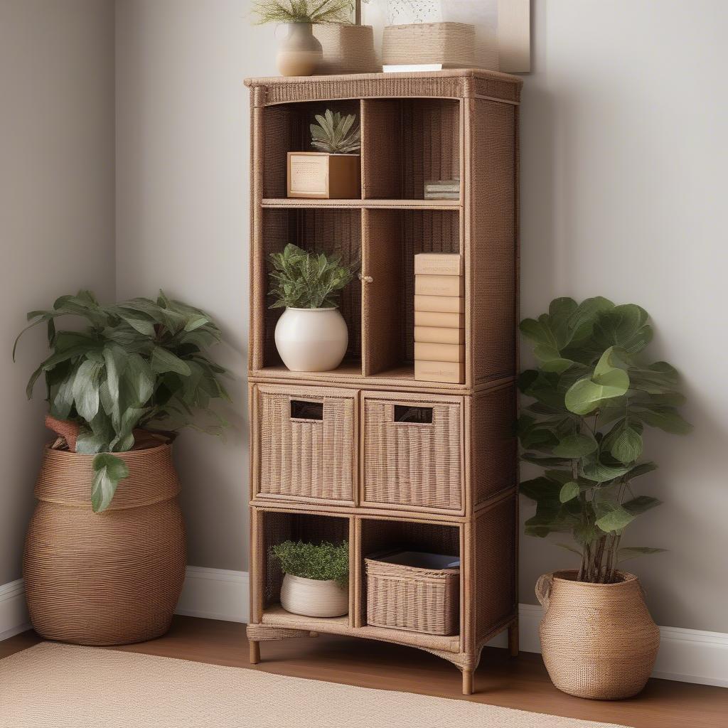 Wicker cabinet styled with plants and books