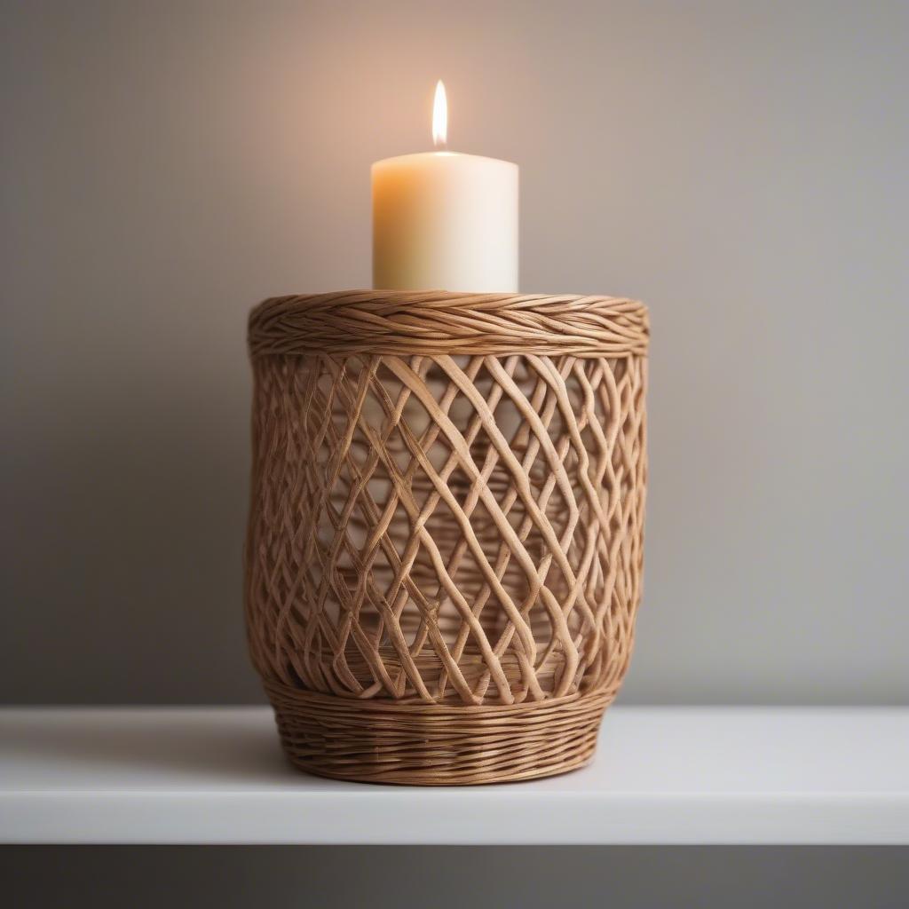 Close-up of a wicker basket candle holder highlighting its natural texture