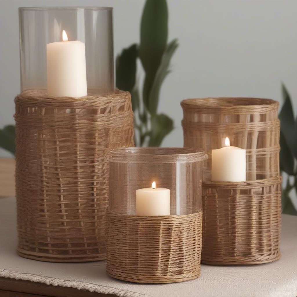 Examples of wicker candle holders used in different interior design settings.