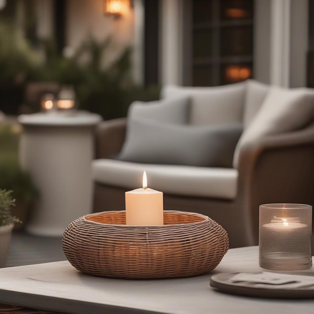 Large wicker candle holder on an outdoor patio setting.