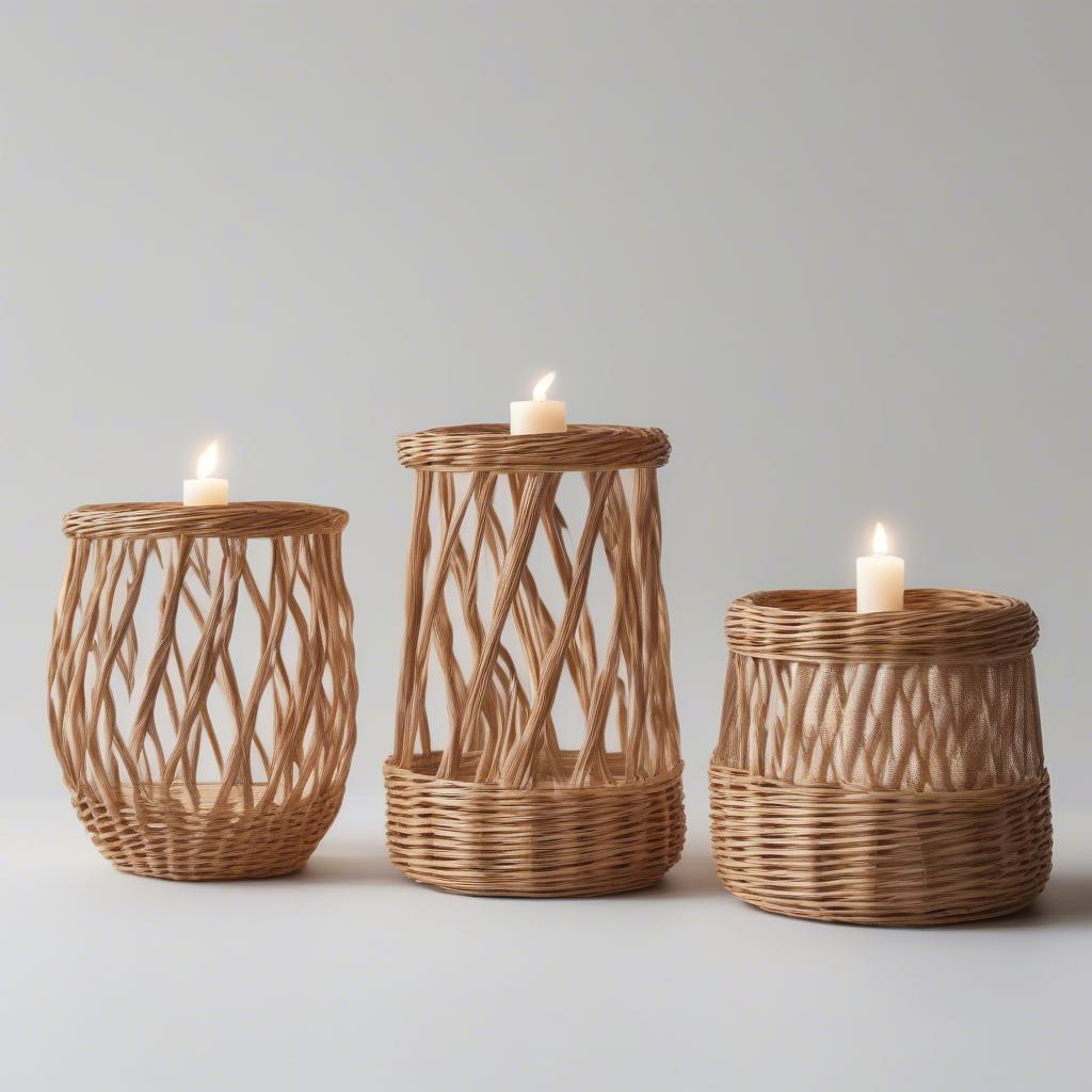 Different sizes of wicker candle holders compared side by side.