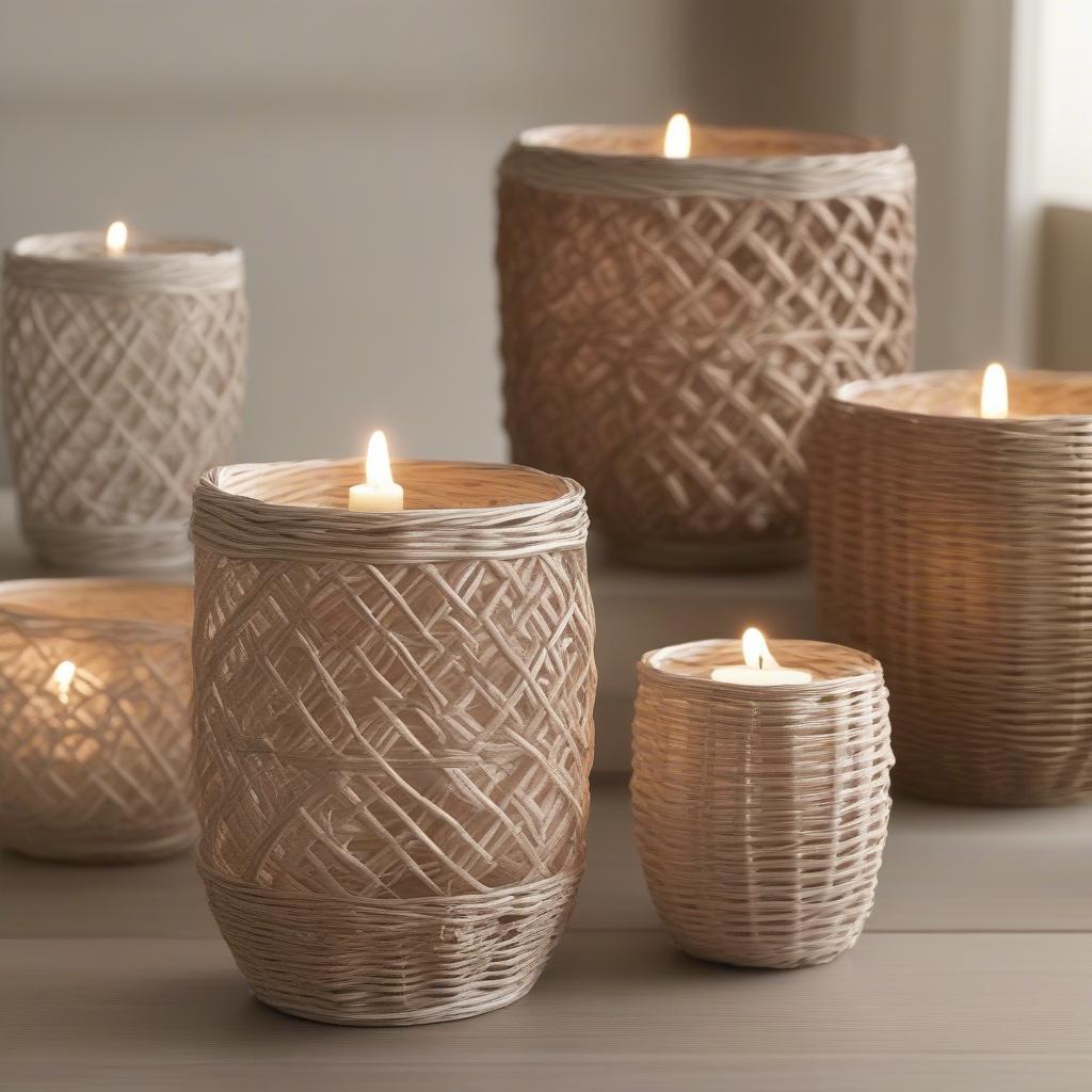 Wicker candle holders of various shapes and sizes displayed on shelves at The Range.