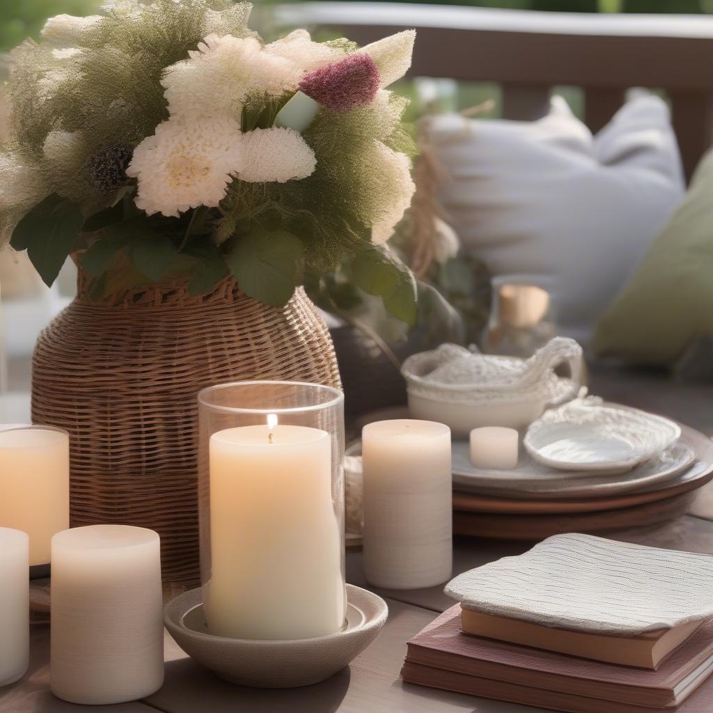 Wicker candle holders adorning a patio table