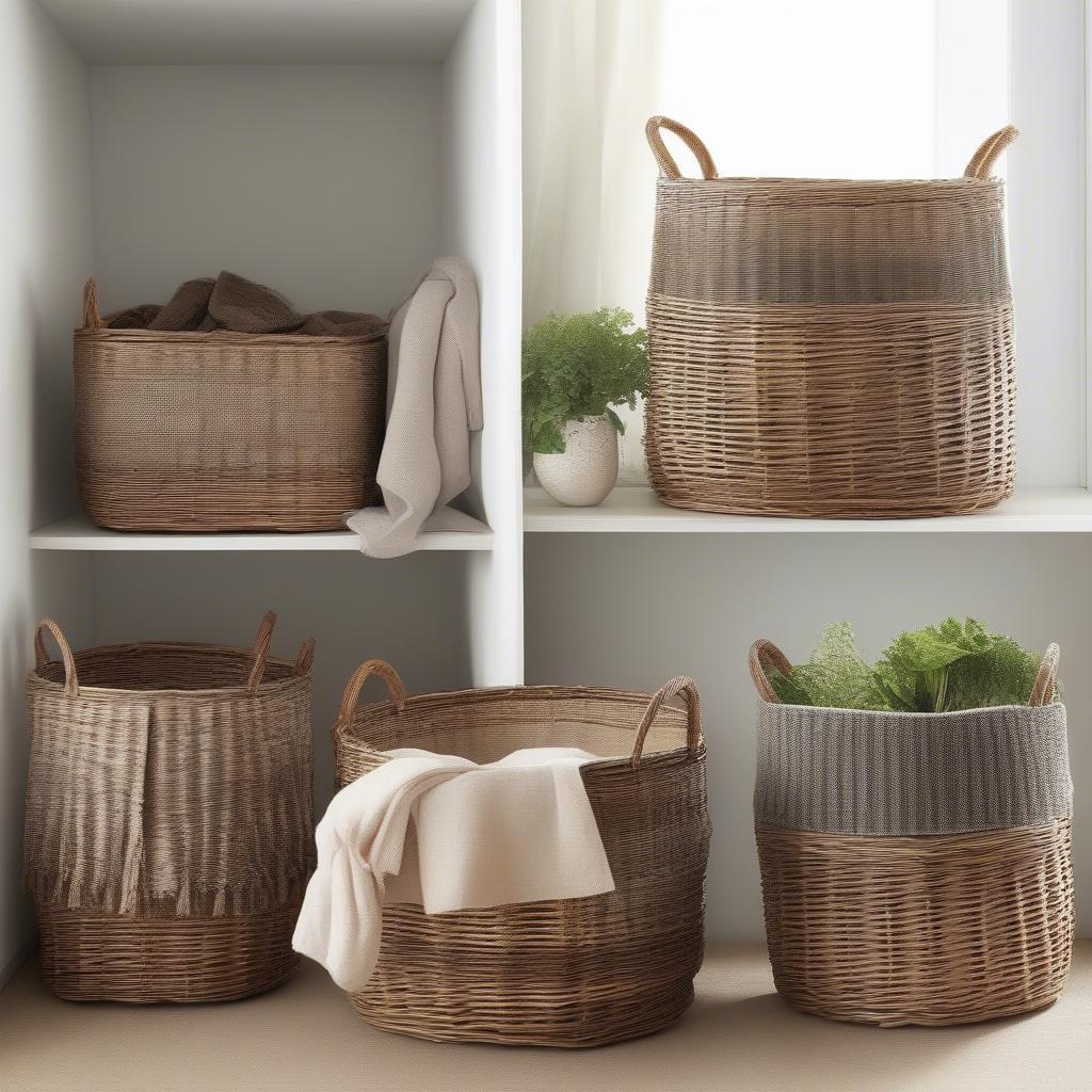 Wicker cane storage baskets used in different rooms of a house, showcasing their versatility in home decor.