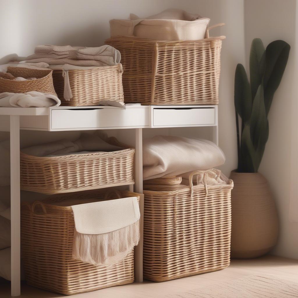 Wicker cane storage baskets in a bedroom