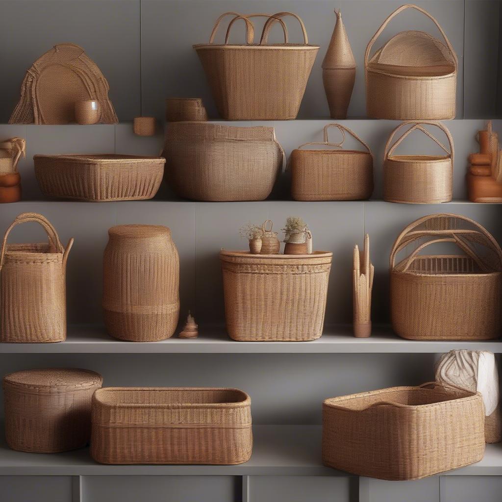 Variety of wicker cane storage baskets showcasing different shapes, sizes, and weaves.