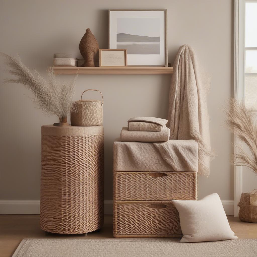 Wicker cane storage unit in a living room