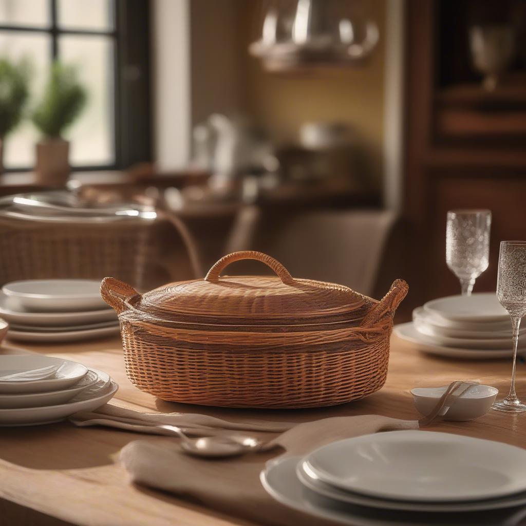 Wicker casserole basket holder on a dining table with a casserole dish inside, surrounded by plates and cutlery, ready for a family meal.