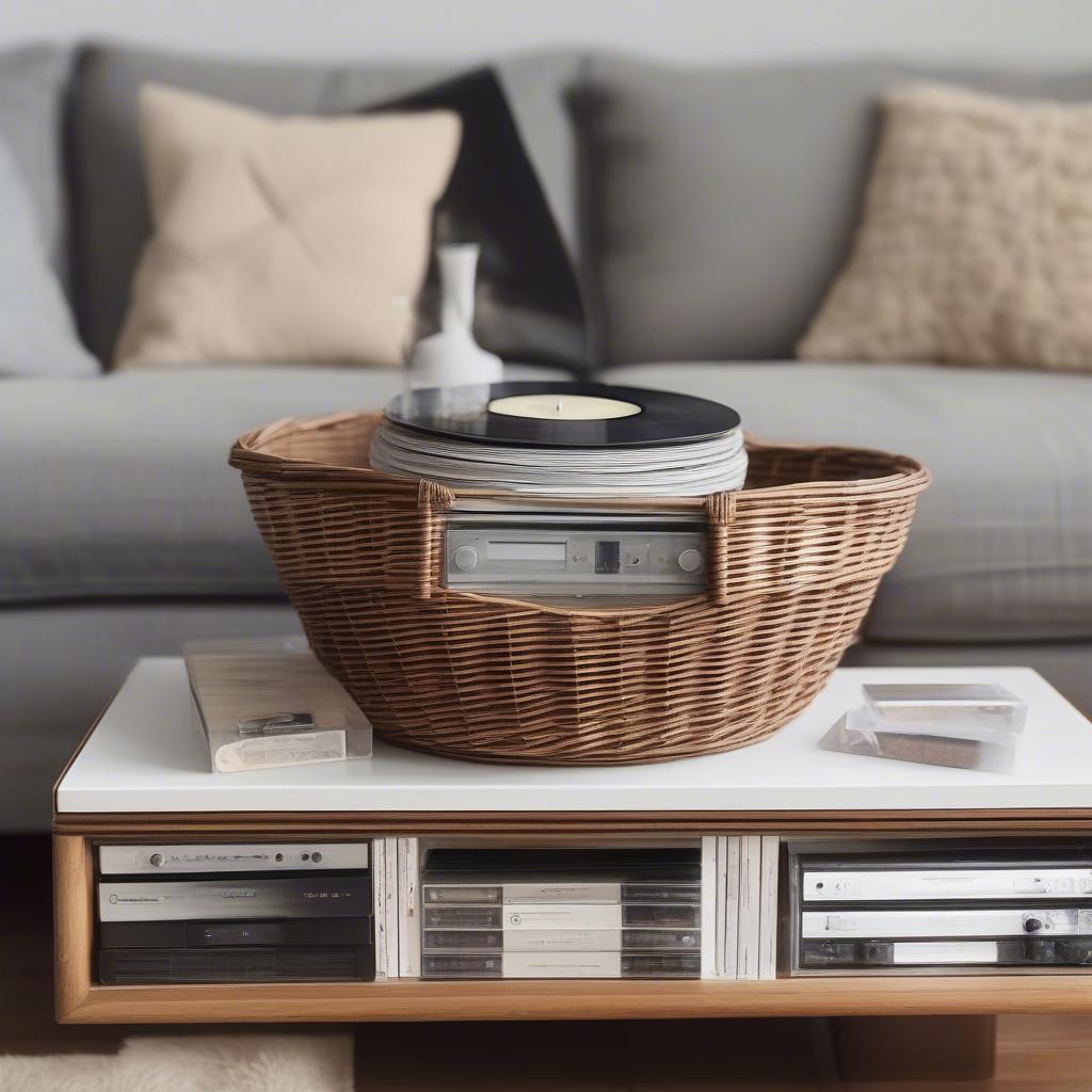 Wicker basket for CD storage in a living room setting