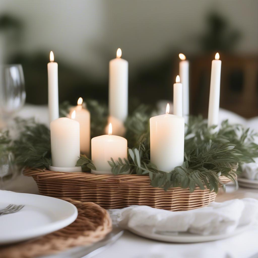 Wicker centerpiece on a dining table with wicker placemats.