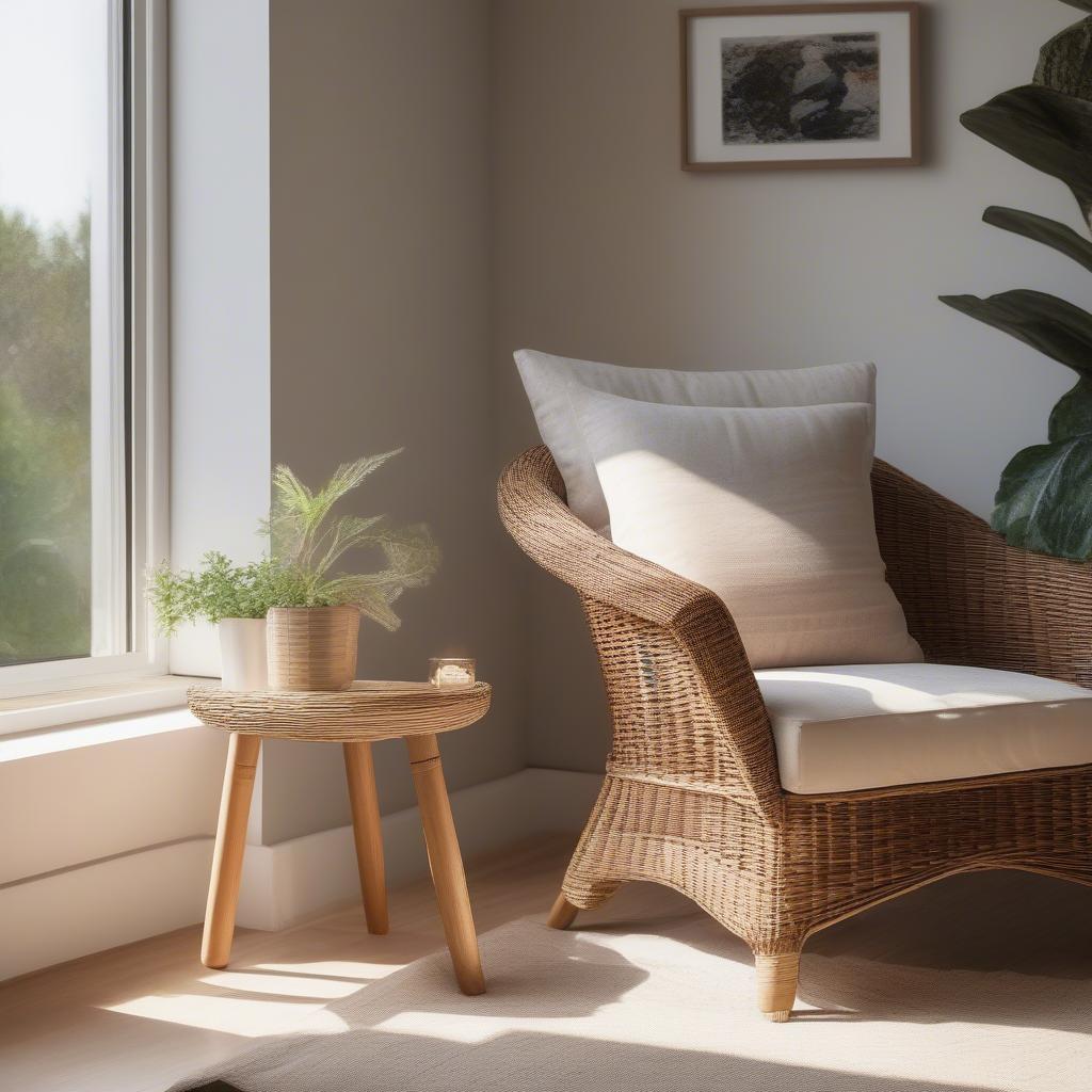 Wicker chair with magazine holder in a cozy living room setting