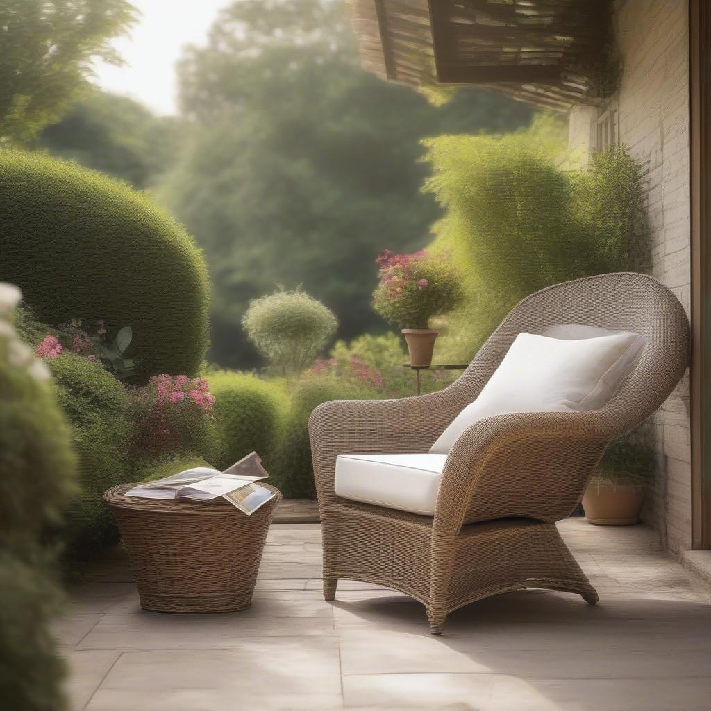 Wicker chair with magazine holder on a patio overlooking a garden