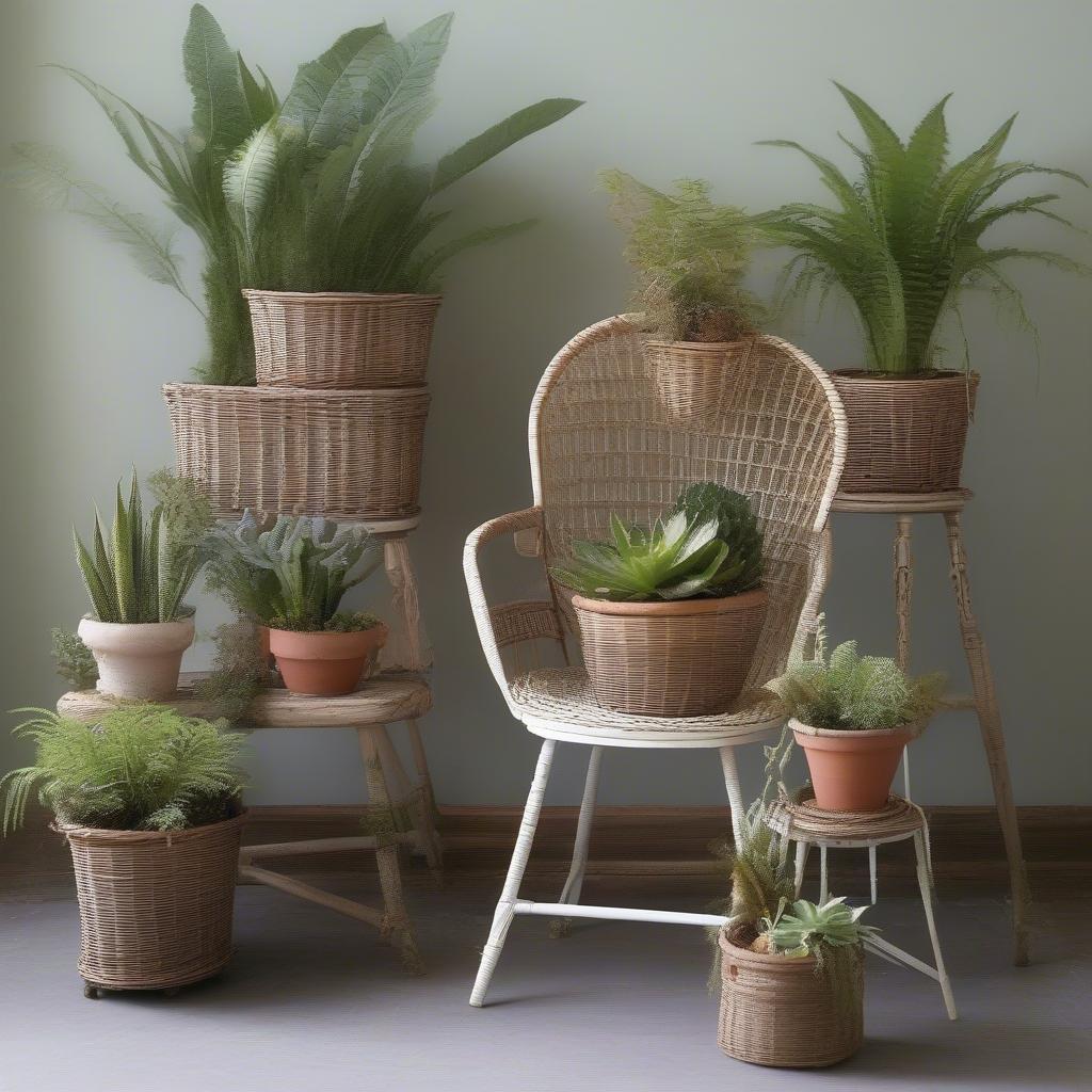 Wicker chair plant holders in various sizes, showcasing different pot placements and suitable plant types for each size.