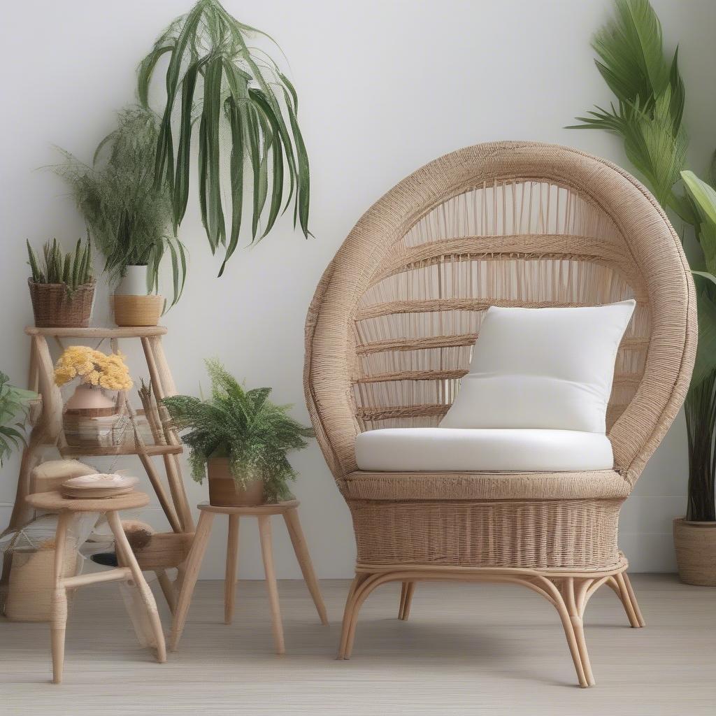 Different styles of wicker chair plant holders, showcasing variations in design, color, and added features like cushions or armrests.