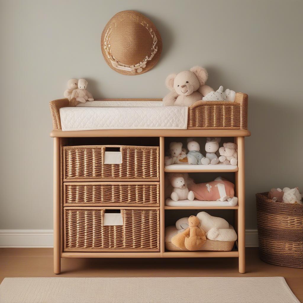 Wicker changing table in a baby room with soft lighting and neutral decor