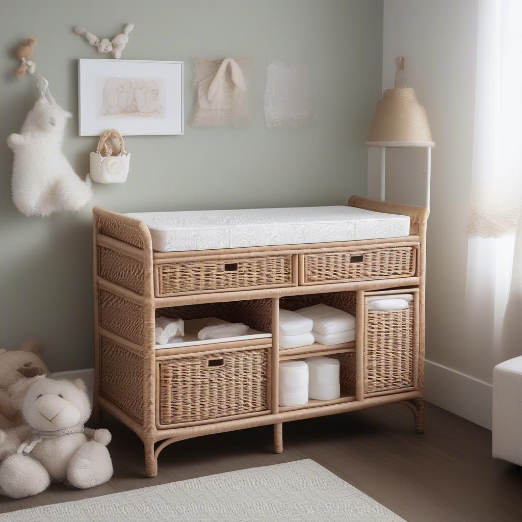 Wicker changing table with integrated diaper storage.