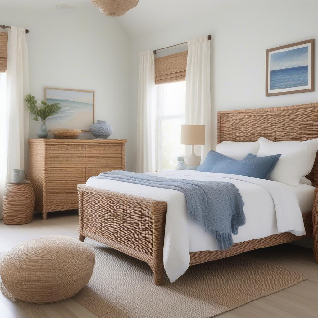 Wicker storage chest in a coastal style bedroom