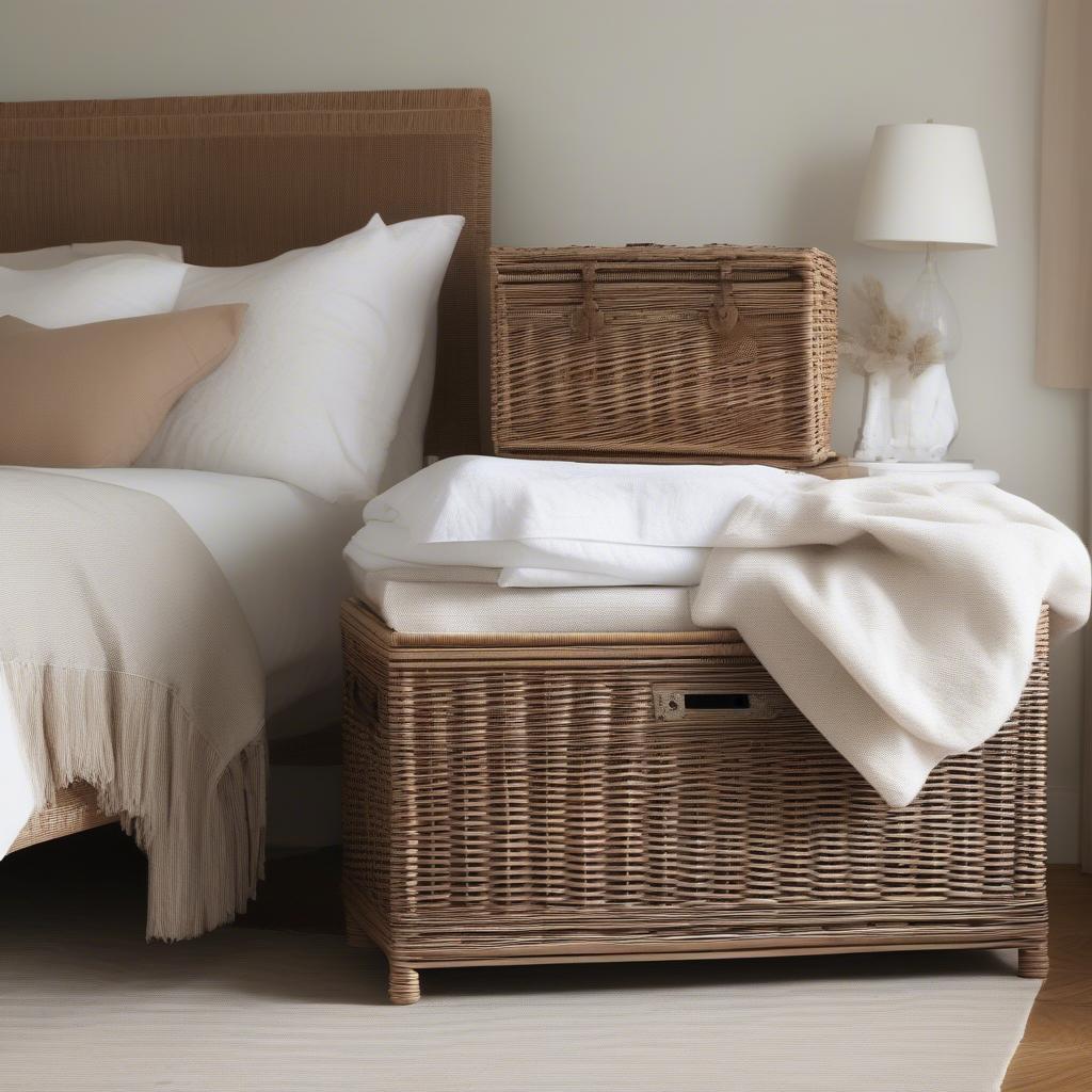 Wicker storage chest for blankets in a bedroom