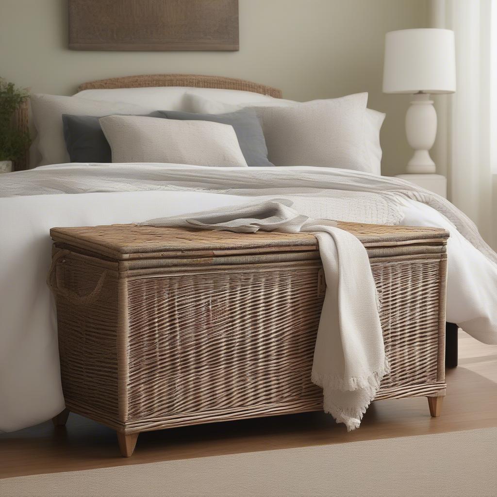 Wicker chest used for storage in a bedroom