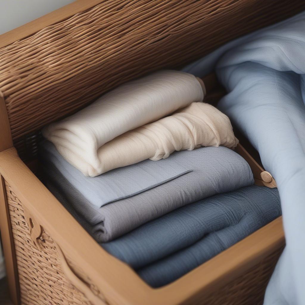 Organized wicker storage chest with blankets