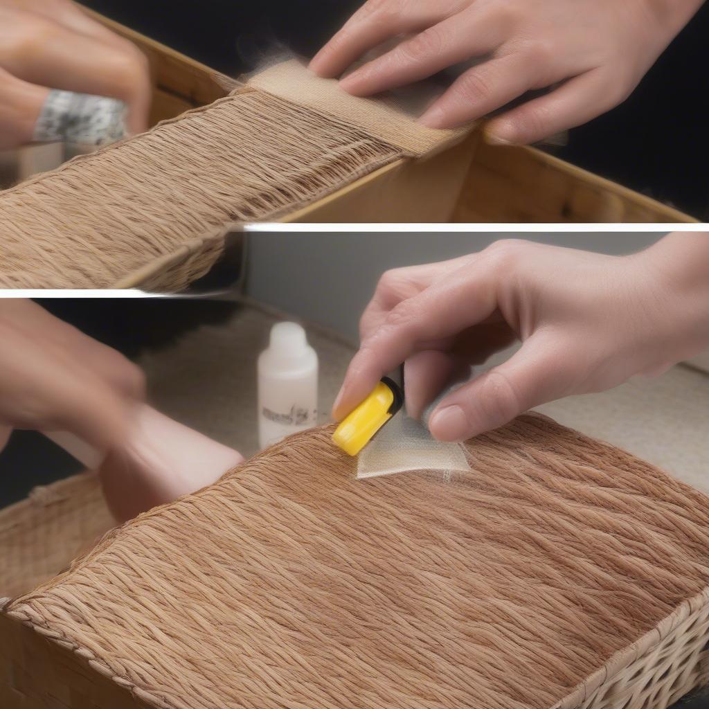 Applying Fabric to a Wicker Chest with Hot Glue