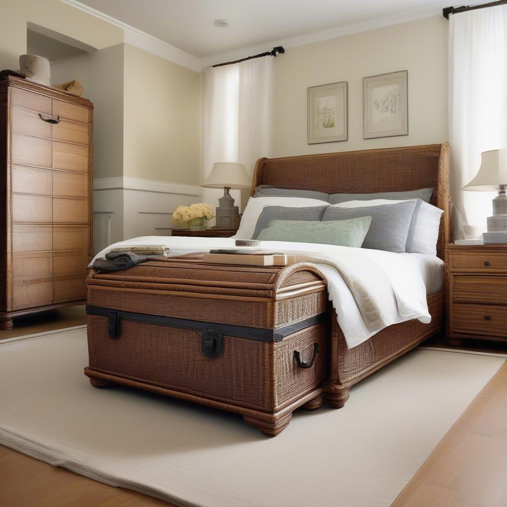 A wicker chest storage trunk placed at the foot of a bed in a bedroom setting, providing a stylish and functional storage solution.