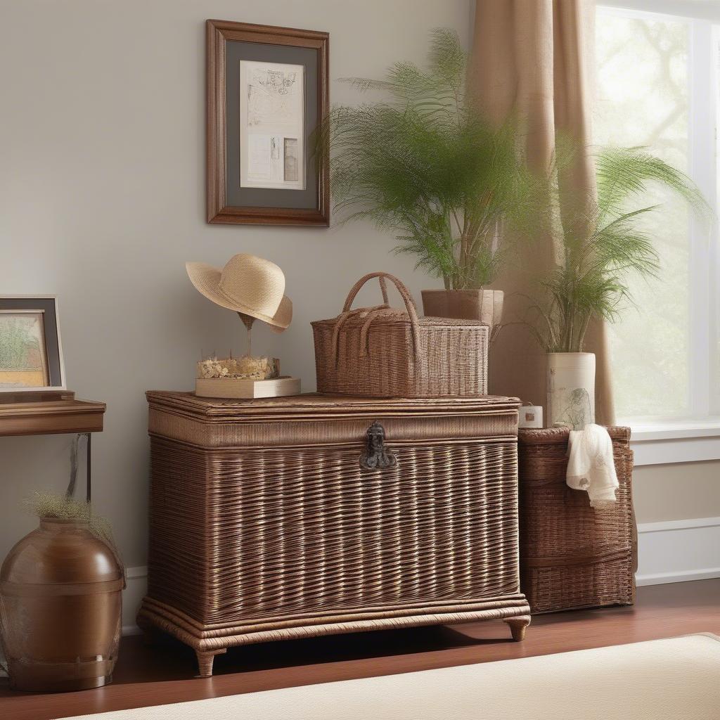 A wicker chest storage trunk placed in an entryway, providing a stylish and functional storage solution for shoes and accessories.